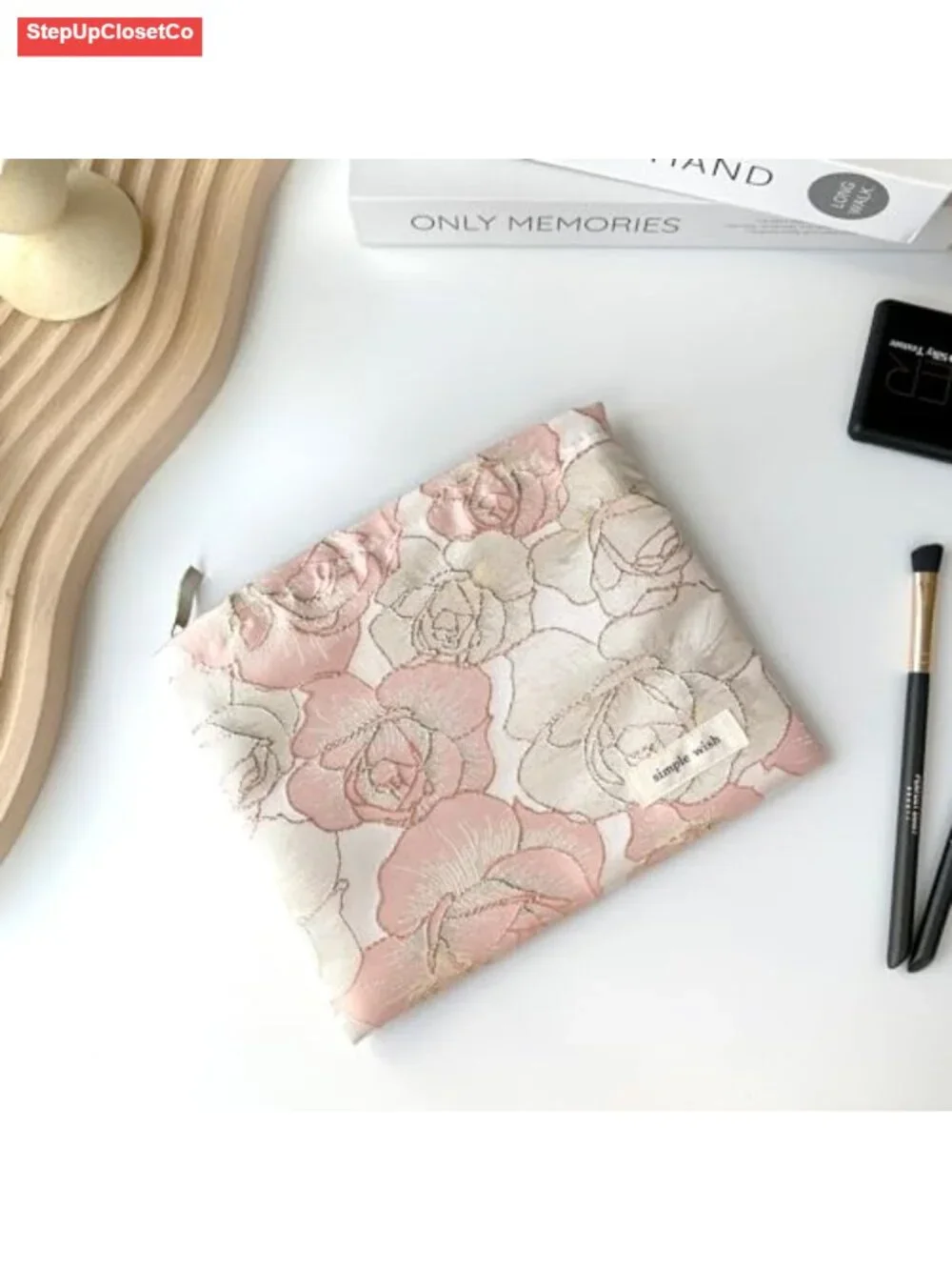 Small Floral Embroidered Makeup Bag for Purse, Canvas Cosmetic Pouch, Travel